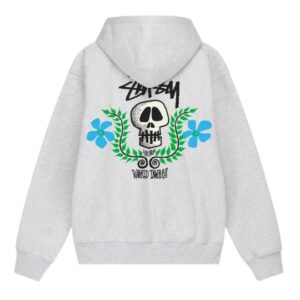 SKULL CREST ZIP-UP GREY HOODIE