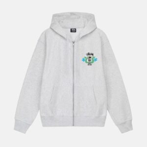 SKULL CREST ZIP-UP GREY HOODIE